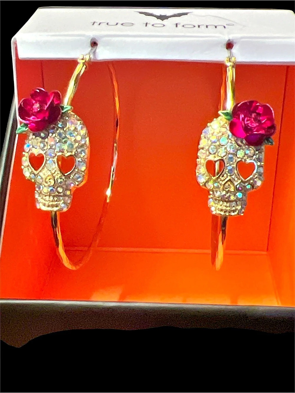 Beautiful True to Form Skull Rose Hoop Earrings NIB